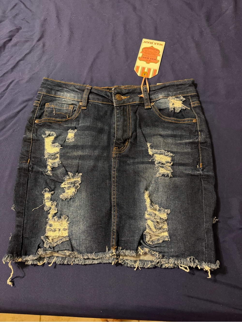 Wax Jean Distressed Dark Denim Ripped Mini Skirt
